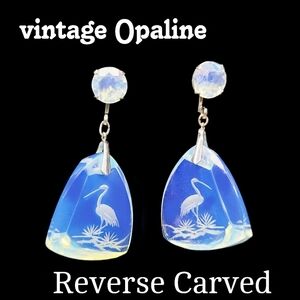 Vintage Opaline Reverse Carved Crane Post Earrings
